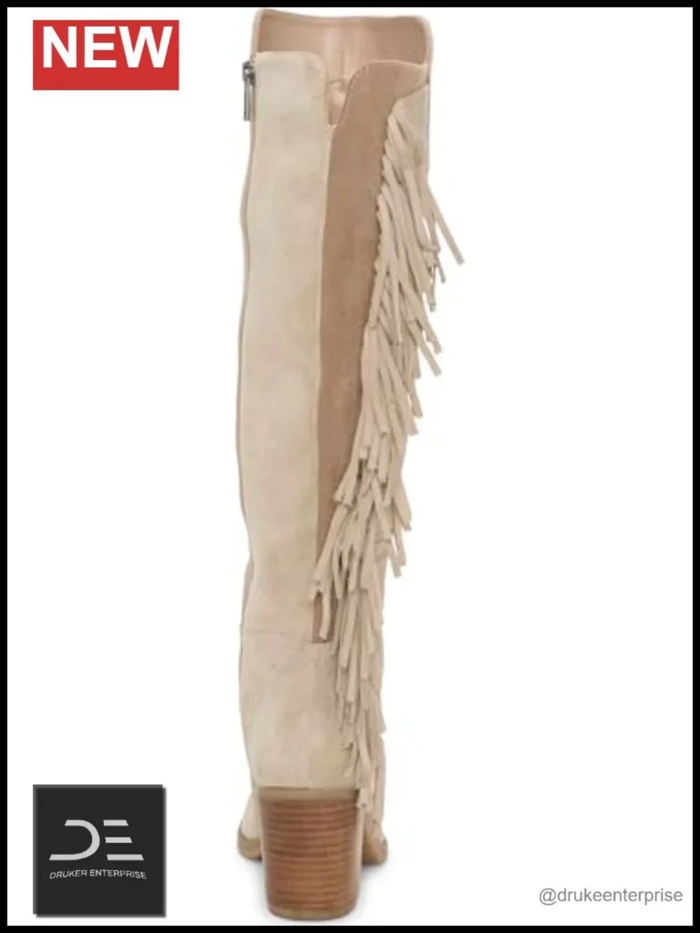 Suede Almond Toe Fringe Boots - Over the Knee Block Heel Zip Closure